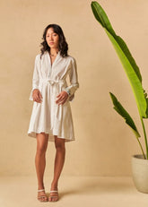 A Model Wearing White Organic Cotton Easy Breezy Ocean organic cotton dress, curated by Only Ethikal
